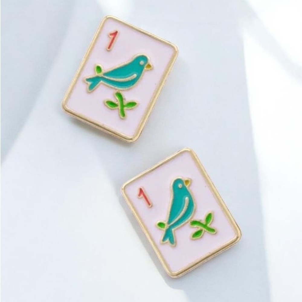 Mahjong Tile Sparrow Earrings | Pastel Enamel Studs NWT Kawaii Jewelry
